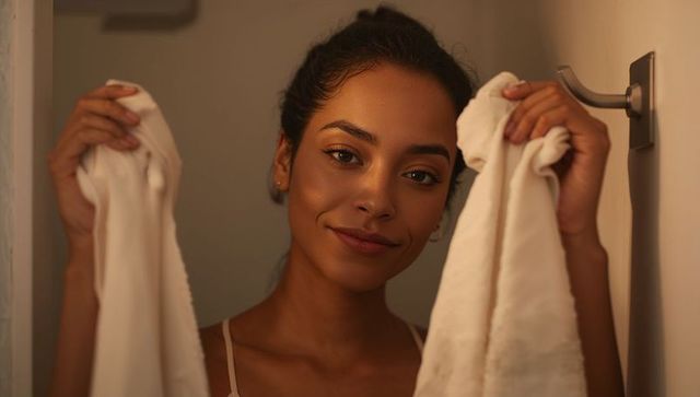 Serene woman holding white towels in warm bathroom light, closeup portrait for lifestyle use