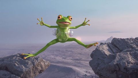 Leaping Green Frog Stretching Between Desert Cliffs at Dawn with Transparent Bubble Pods