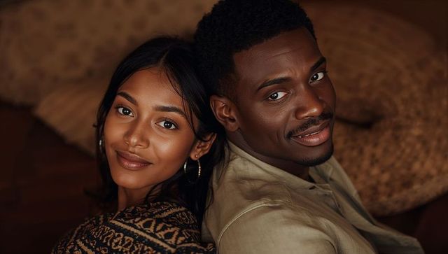 Smiling couple leaning back-to-back on sofa cozy warm-lit living room portrait