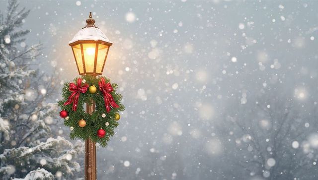 Vintage Lamp Post Wearing Festive Evergreen Wreath Casting Warm Glow in Falling Snow