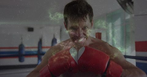 Boxer training intensely with red gloves in ring under galaxy nebula overlay