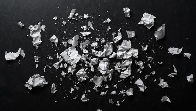 Scattered crumpled paper on dark surface for abstract design concepts