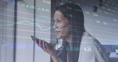 Businesswoman Analyzing Data with Smartphone and Financial Charts Overlay - Download Free Stock Images Pikwizard.com