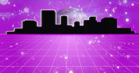 Neon magenta synthwave cityscape with glowing skyline silhouette and retro grid