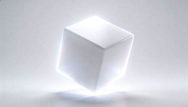 Floating White Glowing Cube Emitting Soft Halo Minimal Futuristic Background