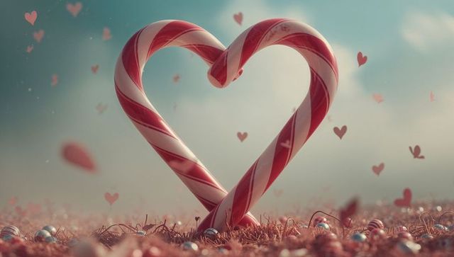 Candy cane heart on glittering surface with festive hearts