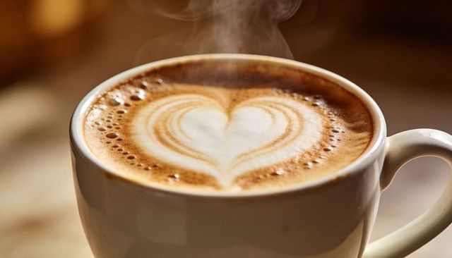 Steaming latte with heart foam art in white ceramic cup on warm wooden cafe table