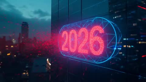 Streaming Holographic 2026 Countdown Over Futuristic Neon City Skyline at Dusk