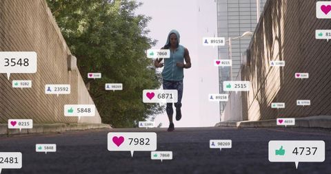 Woman running uphill amid floating social media likes and follower notifications