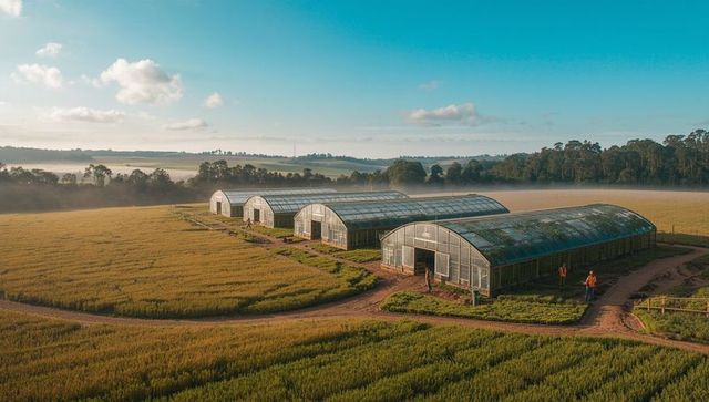 Morning Scene at Crop Field Greenhouses with Walking Workers