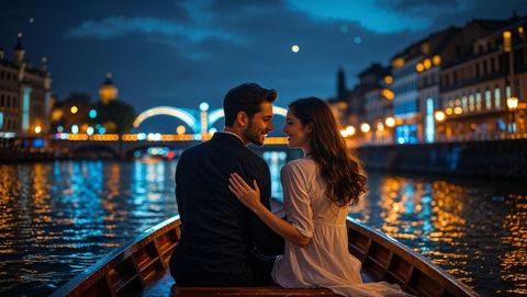 Romantic lovers enjoying night canal ride in illuminated city