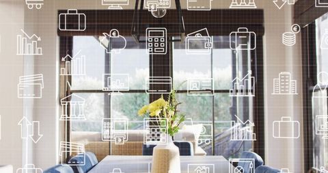 Business Technology Icons Overlaying Modern Living Room
