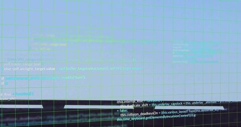 Scrolling source code overlay with green grid in dark office