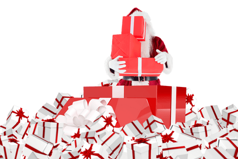 Transparent Santa Claus Holding Stack of Christmas Gifts