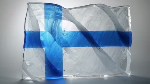 Slow-motion shifting glass block revealing Finnish flag cross with refractive light effects