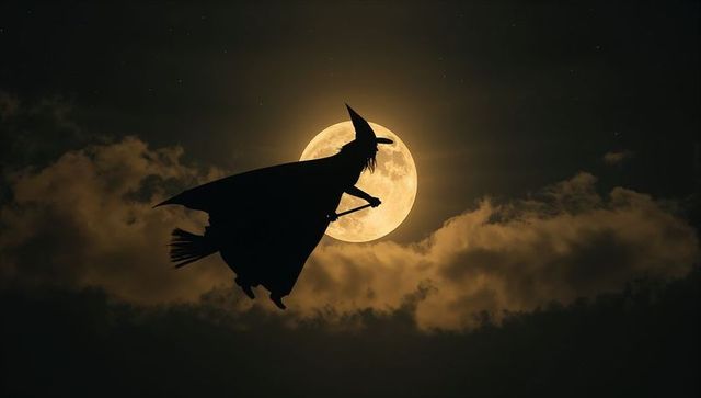 Witch Silhouette Soaring Across Full Moon in Night Sky