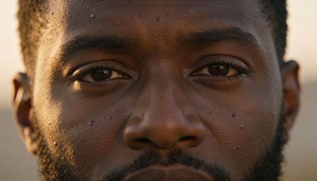 Sunlit closeup portrait of adult male showing skin texture, sweat beads and beard during golden hour