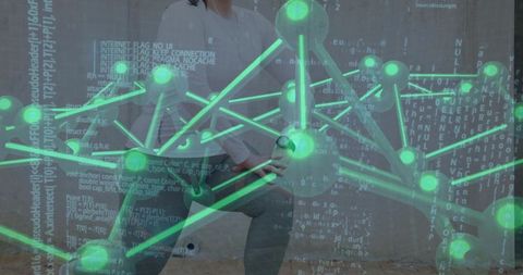 Female presenter projecting holographic neural network and code overlay for tech pitch