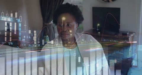 Elderly African American Woman with Financial Data and Cityscape Overlay
