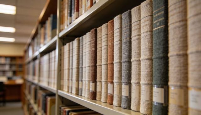 Clothbound archival volumes lined on metal shelf creating textured perspective in library