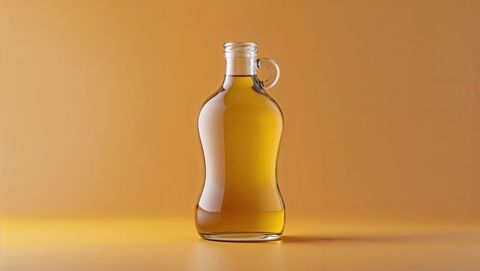 a simple and elegant glass bottle contains amber corn syrup, featuring a minimalist design against a vibrant orange background. this setup reflects modern and clean aesthetics, making it perfect for applications in advertisements, cosmetic product photos, or packaging design inspirations. ideal for showcasing eco-friendly or natural products with a focus on purity and simplicity.