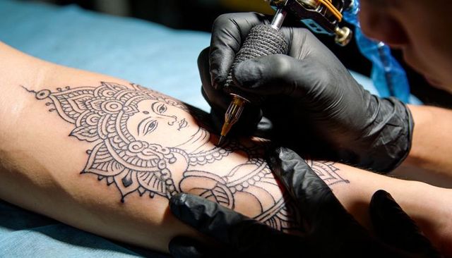 Tattooing ornate mandala deity on forearm by artist wearing black nitrile gloves in parlor