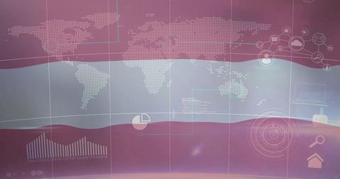 Dotted world map interface over pink waves