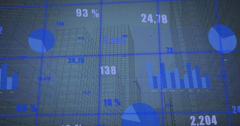 Digital abstract of business growth charts over urban skyline
