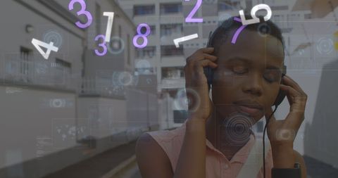 Digital interface overlay with woman listening to music