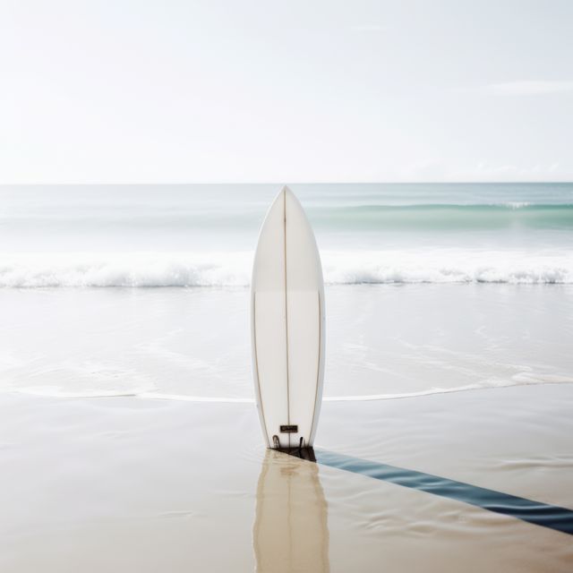Minimalist surfboard standing upr_ent on a sandy beach with gentle waves in background. Captures serene beach vibe perfect for themes related to surfing, vacations, minimalism, and coastal lifestyles. Ideal for travel blogs, surf-related content, beach-themed advertisements, and summer promotions.