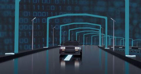 Futuristic car on digital road with binary data overlay