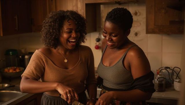 Two women smiling and slicing oranges in cozy kitchen, warm home cooking moment