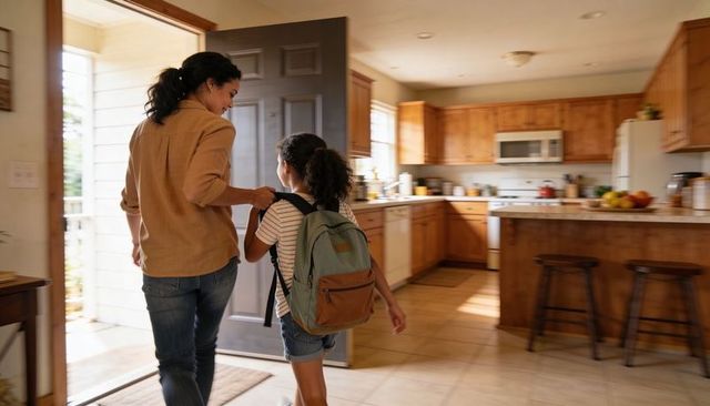 Mom guiding daughter toward sunlit front door from cozy kitchen, morning school routine