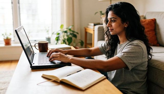 Indian woman working from home typing on laptop in cozy sunlit living room