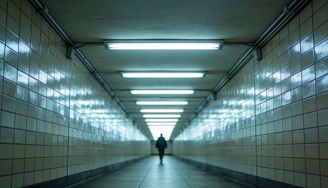 Silhouette Walking Through Symmetrical Underground Tunnel with Fluorescent Lighting