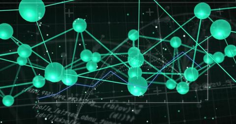 Futuristic digital network visualization with green spheres