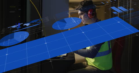 Data Engineer Analyzing Data in Server Room with Interfaces Animated