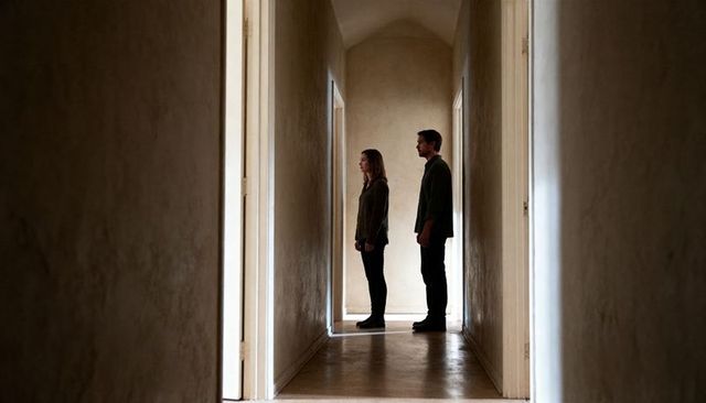 Couple standing in dim arched hallway with glowing doorway light and moody interior