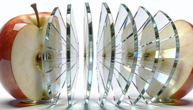 Red apple halves refracting through vertical glass discs with symmetry and reflection