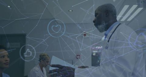 Hospital team collaborating with physician reviewing digital charts and network overlay