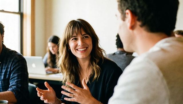 Smiling woman leading friendly conversation in coworking space with laptop and natural light