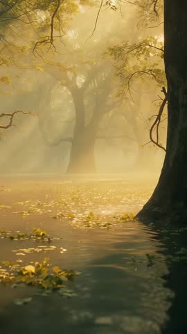 Sunlit misty forest vertical video drifting along gnarled tree trunk and floating leaves