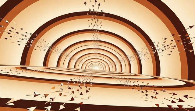 Streaming triangular shards forming concentric sepia tunnel with radial gradient depth