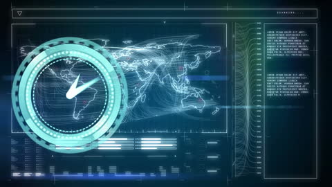 Futuristic Clock Animation and Digital World Map Interface