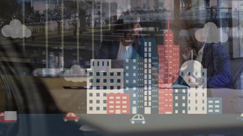 Innovative Overlay of Business Professionals Working with Urban City Animation
