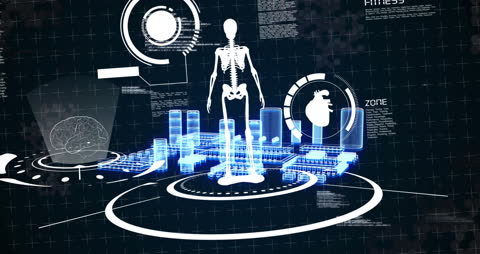Futuristic Interface with Human Skeleton and Data Visualizations