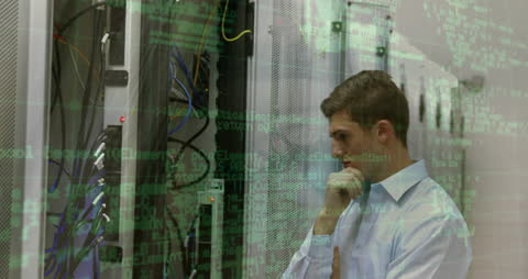 Engineer Analyzing Data Center with Digital Overlays