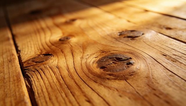 Closeup Rustic Pine Wood Plank Surface with Prominent Knot and Warm Sunlit Grain Texture
