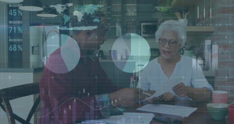 Senior Couple Analyzing Documents with Digital Data Overlay