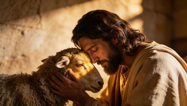 Bearded shepherd embracing sheep in golden light conveying compassion and devotion